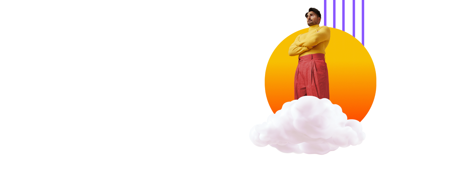 Man standing on a cloud with a sun behind him