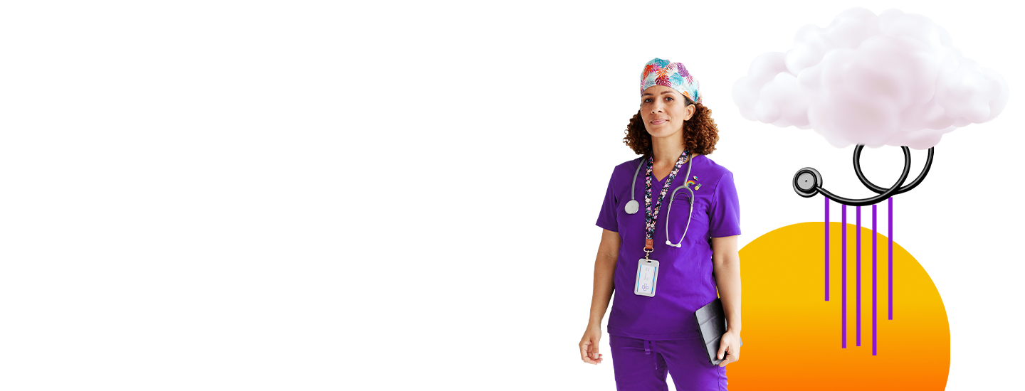 nurse with a cloud, a stethoscope and a sun in the background