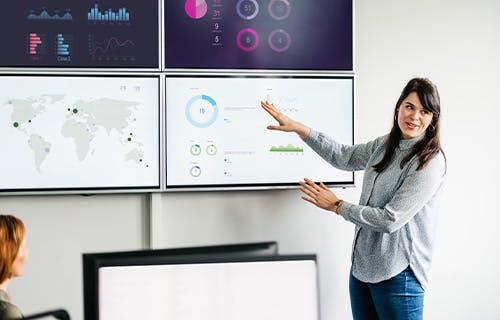 Businesswoman Explaining Graphs And Data Displayed On Large Monitors