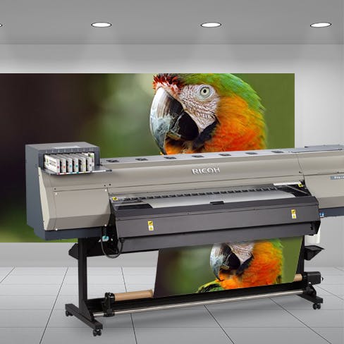 Man with tablet in front of wide format Ricoh printer