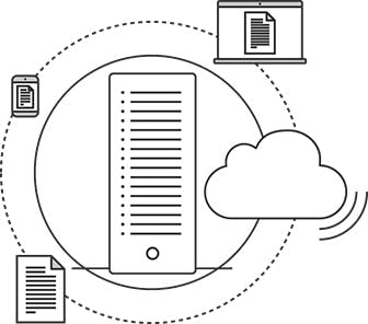 illustration of server with cloud access for documents, images, and presentations