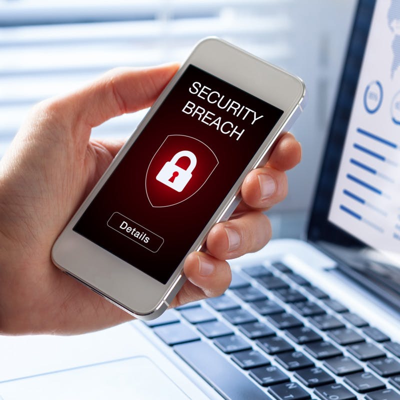 Security breach, smartphone screen, cyberattack hacking