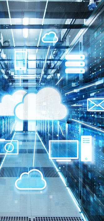illustration of clouds and connected devices and data over a background of servers