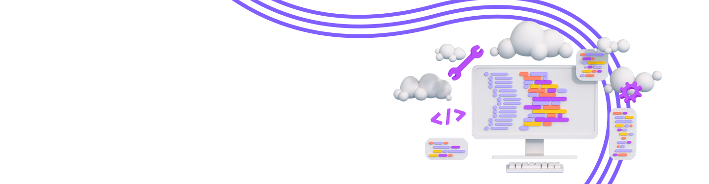concept of and animated image of a desktop and developer tools and coding with clouds surrounding it