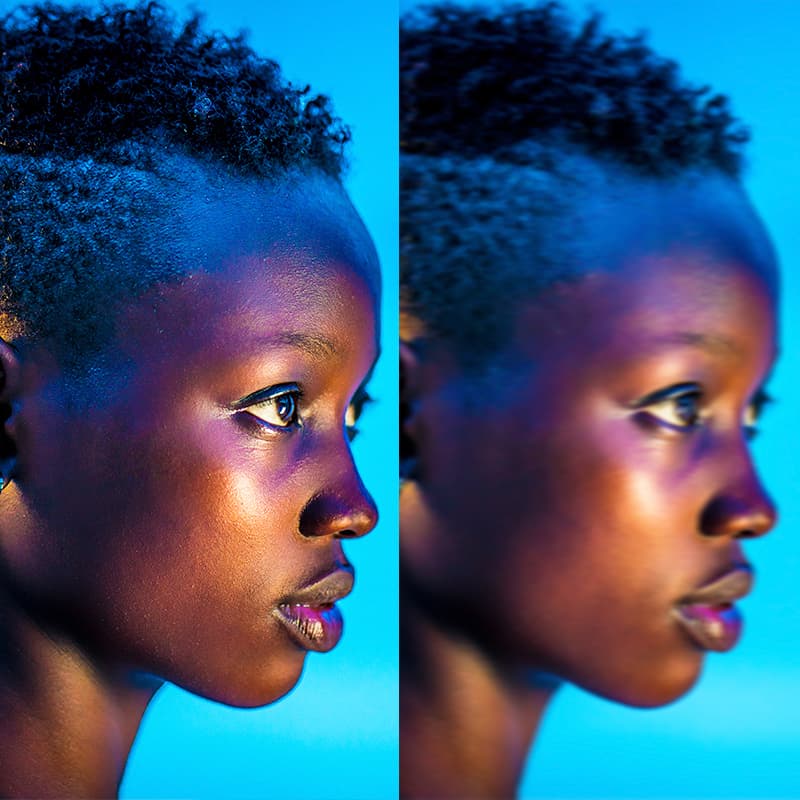 Image of the same woman's face on the left and right. The left side is clear and crisp the right side is blurry and unclear