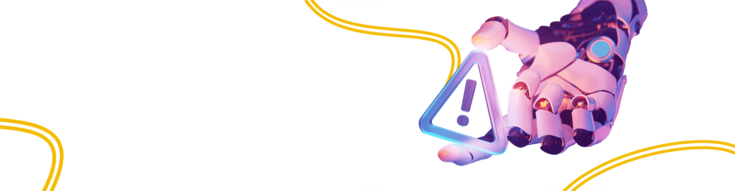 A robotic hand holding a glowing neon exclamation mark inside a warning triangle, symbolizing alertness and risk, illustrating the webinar 'Addressing the cost and risk of human error & driving security culture'.