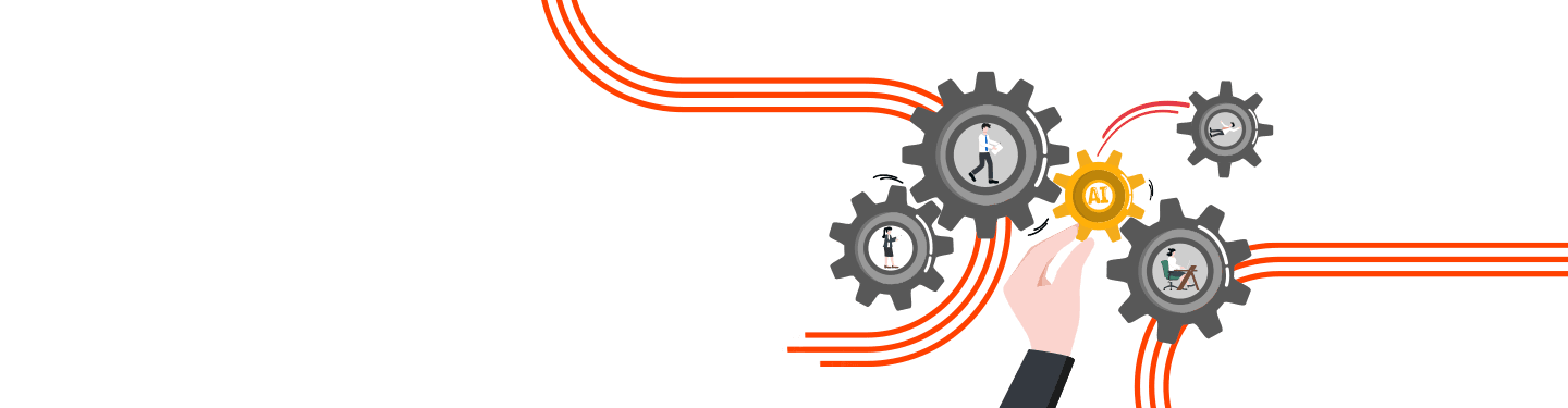 A hand holding a gear labeled 'AI' surrounded by interconnected gears with people working in different office settings, symbolizing how process automation enhances employee impact.