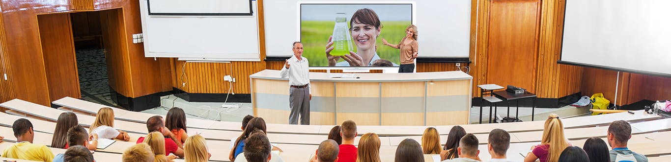 Photo of a professor teaching on an interactive whiteboard.