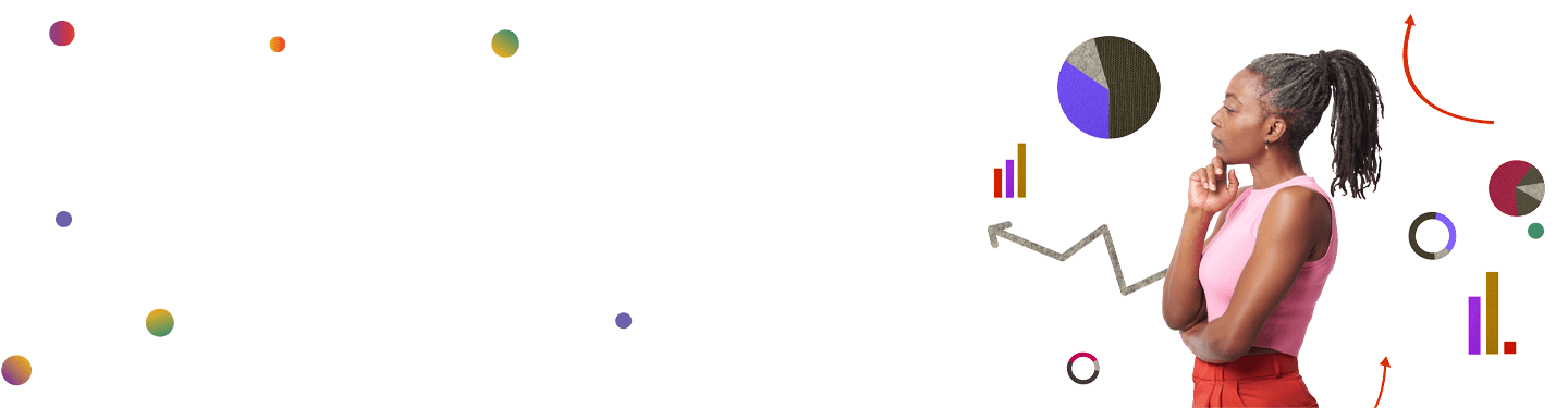 Collage of mature woman standing amongst financial symbols and graphs