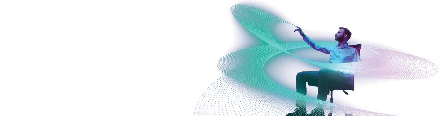 Person seated in a chair interacting with flowing, luminous data waves, representing human interaction with artificial intelligence.
