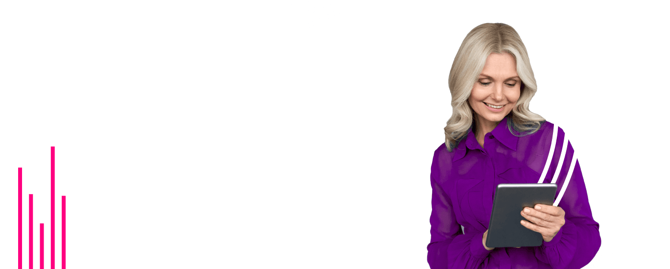 Woman in purple shirt looking at a tablet