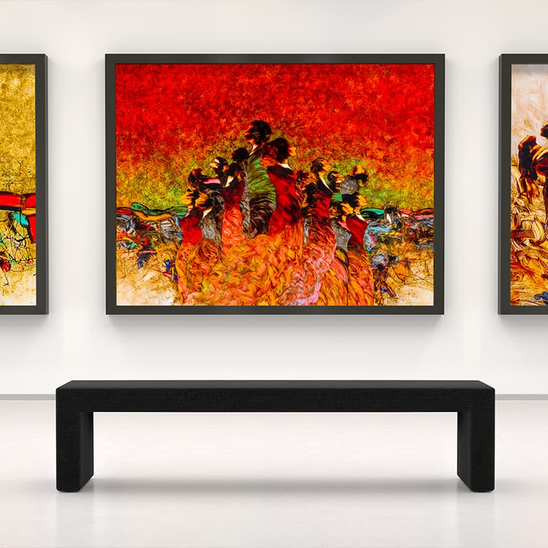 Fine art print in a museum with a bench for sitting