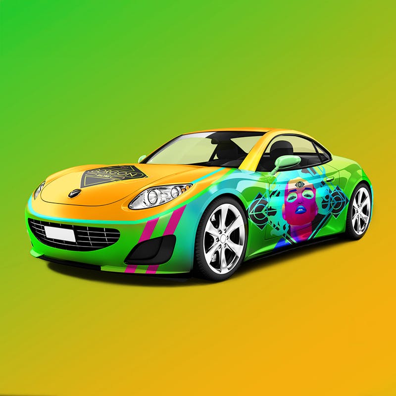 Example of a car wrap on a bright yellow show car