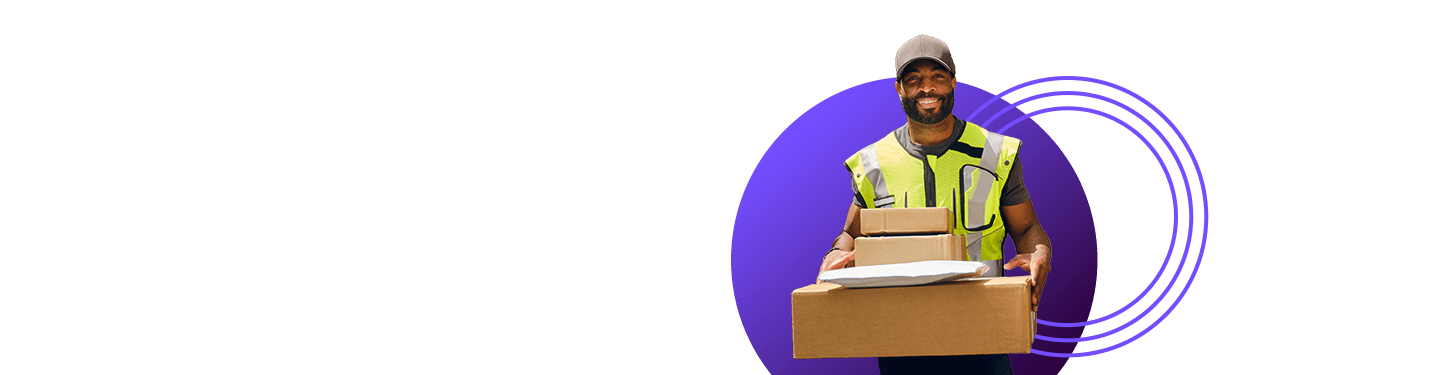 Smiling man delivering a package, demonstrating accountable mail and package delivery services