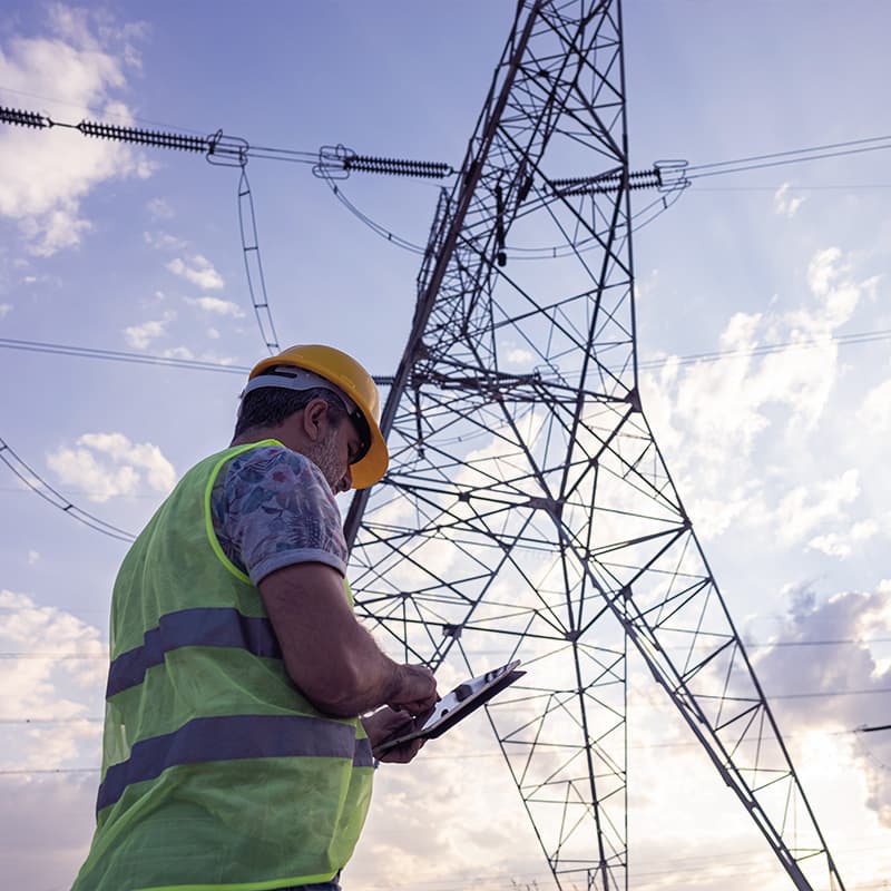 Engineers in front of power plant using digital tablet