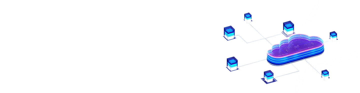 A large blue and purple cloudlike structure on ground connected to various servers - symbolizing how cloud print services work.