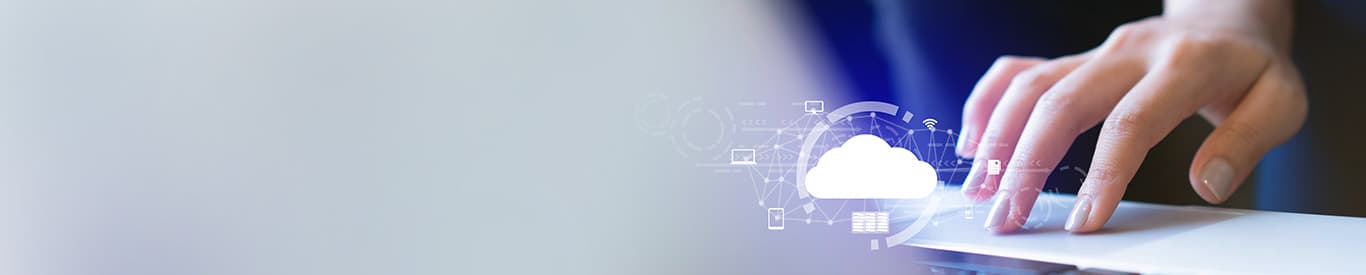 Concept of a person working on a laptop via cloud managed software