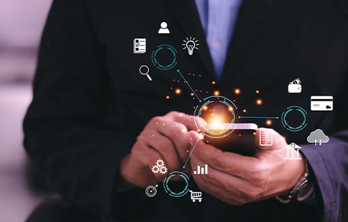 Concept of man working on mobile phone on an commerce platform