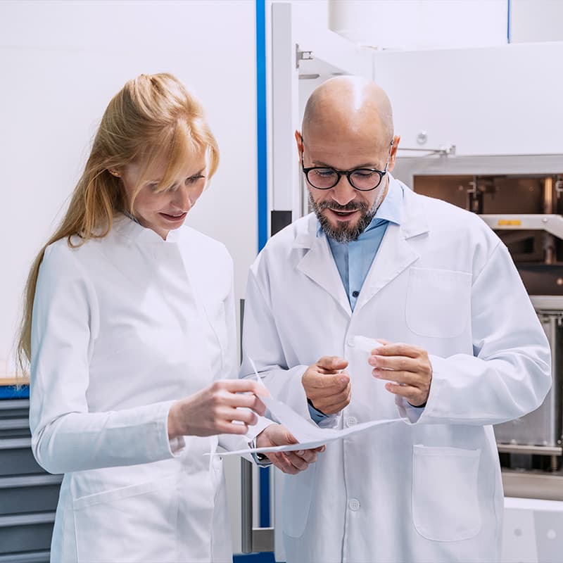 Two technicians wearing lab coats discussing plan