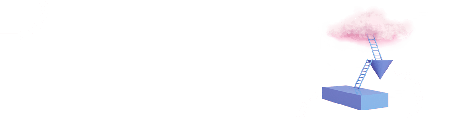 Cloud with ladders pointing downwards and on a large square box - symbolizing printing from the cloud and the key challenges & how to solve them.